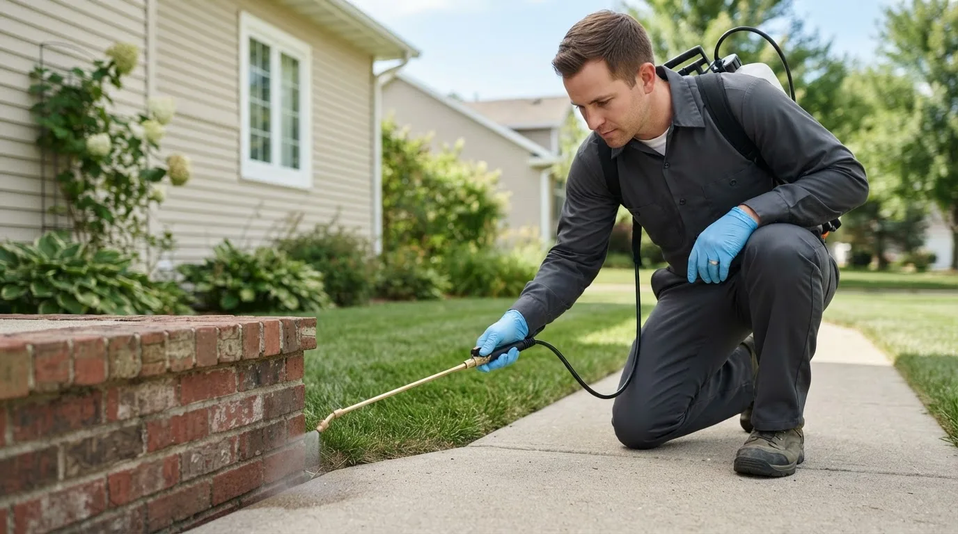 Pest control technician treating a home near Austinville, IA