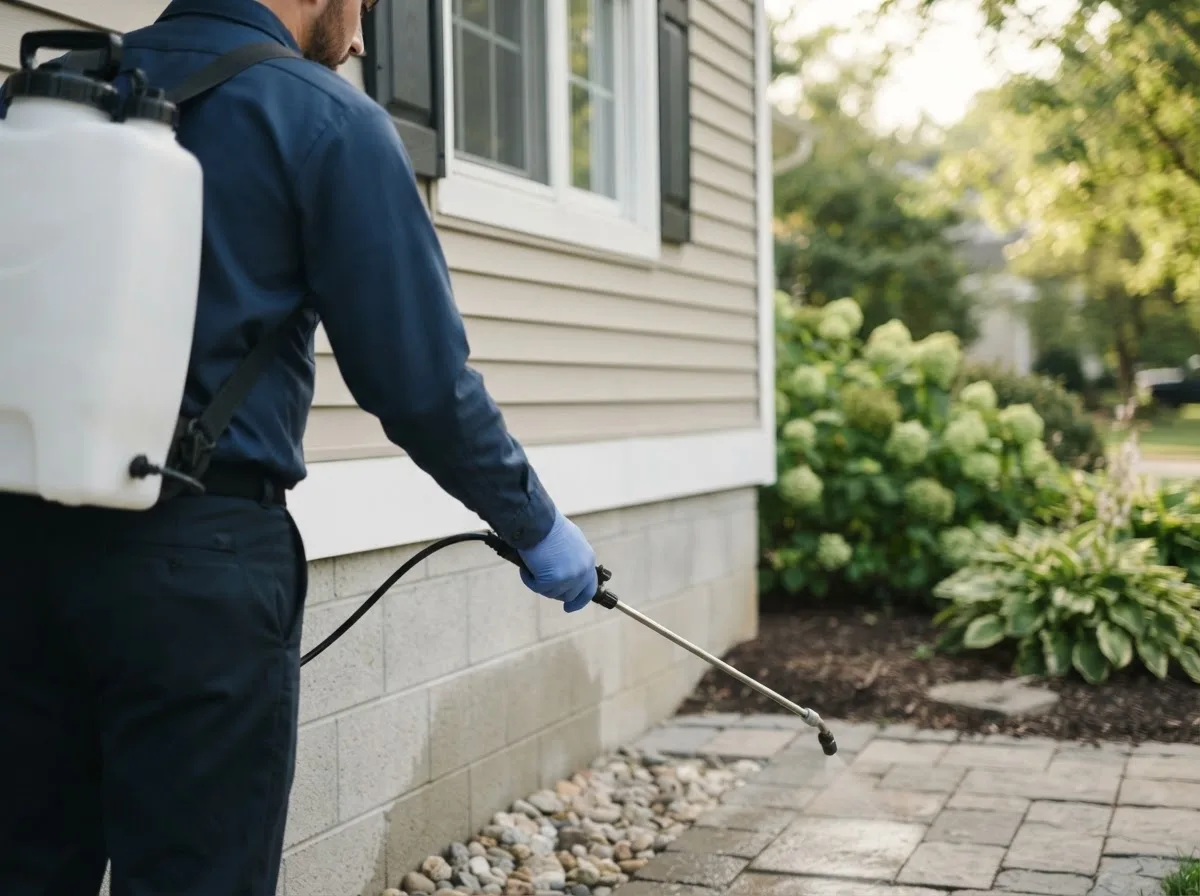 Pest control technician inspecting a home in Austinville, IA